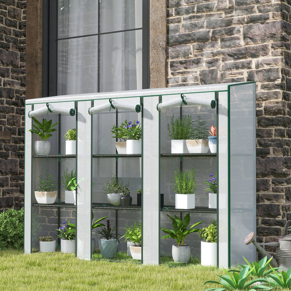 Lean-to Mini Greenhouse with 3 Tier Shelves, Portable Garden Hot House with 3 Roll-Up Doors for Indoor Outdoor, 84.6"x18.1"x56.7", White
