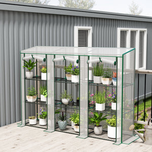 Lean-to Mini Greenhouse with 3 Tier Shelves, Portable Garden Hot House with 3 Roll-Up Doors for Indoor Outdoor, 84.6"x18.1"x56.7", White