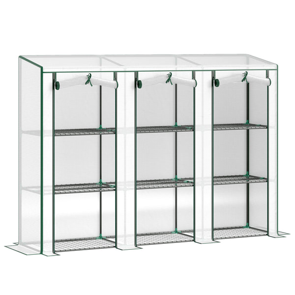 Lean-to Mini Greenhouse with 3 Tier Shelves, Portable Garden Hot House with 3 Roll-Up Doors for Indoor Outdoor, 84.6"x18.1"x56.7", White
