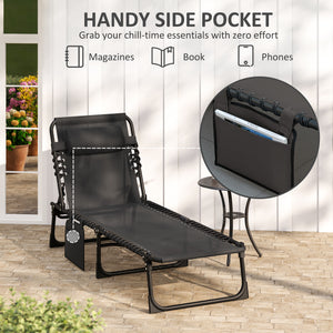 Folding Lounge Chair, Reclining Tanning Chair, Portable Sun Lounger with Adjustable Backrest and Removable Pillow for Patio, Garden, Beach, Black