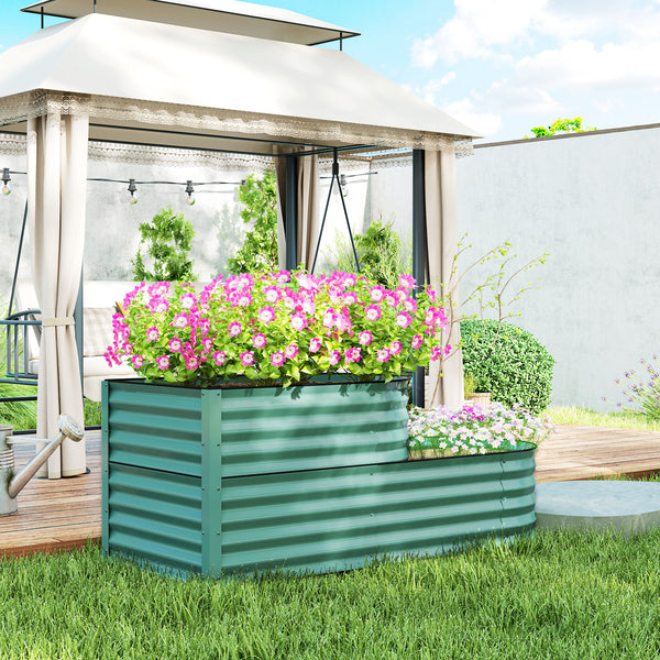 2-Tier Raised Garden Bed, Outdoor Galvanised Planter Box with Safety Edging and Gloves, Metal Raised Bed with Open Bottom for Vegetables, Flowers, Fruits and Herbs, Dark Green