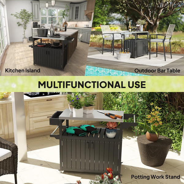 Outdoor Bar Cart with Storage Cabinet, Stainless Steel Top Kitchen Island on Wheels, HDPE Outdoor Bar Table, Movable Patio Beverage Food Prep Table for BBQ Picnic, Black