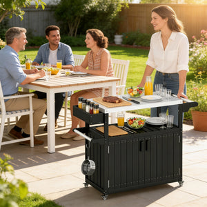 Outdoor Bar Cart with Storage Cabinet, Stainless Steel Top Kitchen Island on Wheels, HDPE Outdoor Bar Table, Movable Patio Beverage Food Prep Table for BBQ Picnic, Black