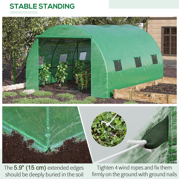 13' x 10' x 6.6'  Walk-in Polytunnel Greenhouse, Outdoor Garden Tunnel Greenhouse Tent with Zipped Roll-Up Door and 6 Mesh Windows, Green