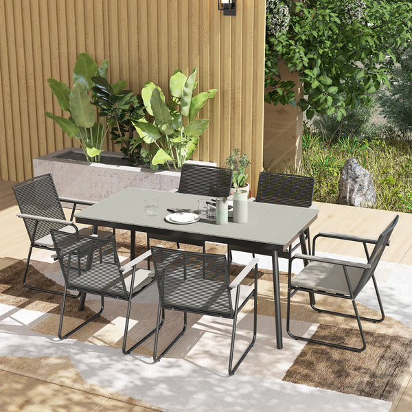 6 Seater Garden Dining Set with Soft Cushions, Rattan Backrest, Rectangular Plastic Top, Garden Furniture Set, Outdoor Dining Table and Chairs for Patio, Balcony, Poolside, Grey