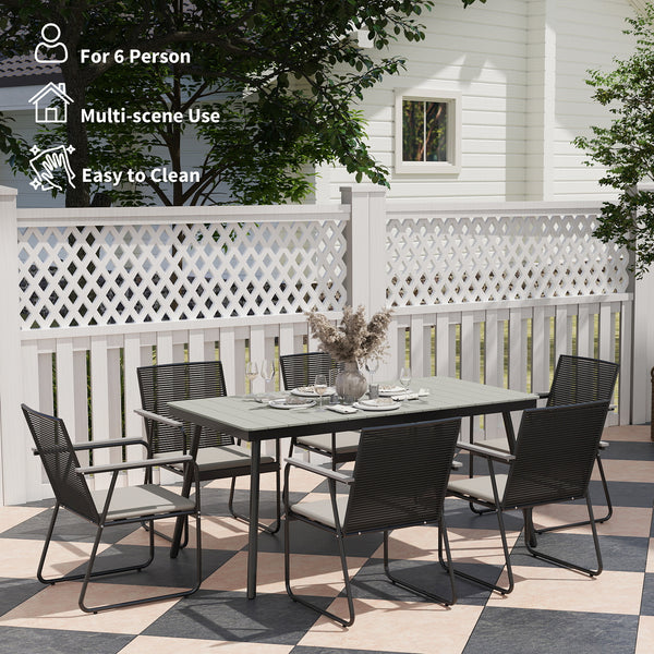 6 Seater Garden Dining Set with Soft Cushions, Rattan Backrest, Rectangular Plastic Top, Garden Furniture Set, Outdoor Dining Table and Chairs for Patio, Balcony, Poolside, Grey
