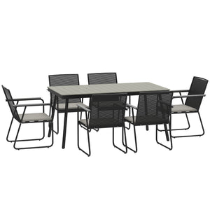 6 Seater Garden Dining Set with Soft Cushions, Rattan Backrest, Rectangular Plastic Top, Garden Furniture Set, Outdoor Dining Table and Chairs for Patio, Balcony, Poolside, Grey
