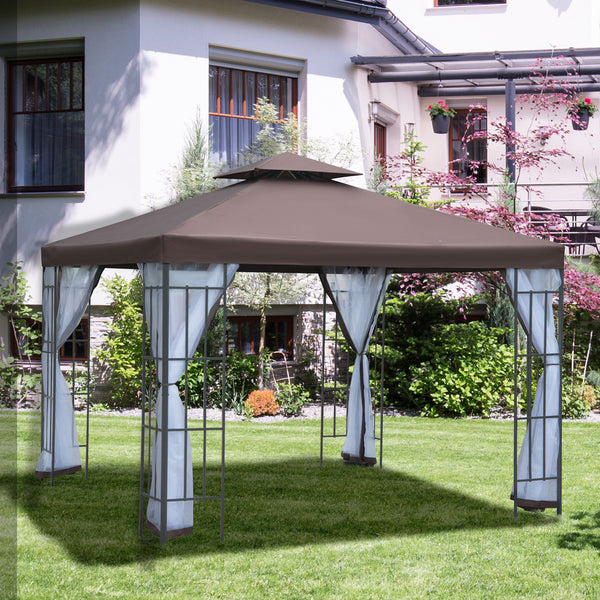 3 x 3(m) Patio Gazebo Canopy Garden Pavilion Tent Shelter with 2 Tier Roof and Mosquito Netting, Steel Frame, Coffee