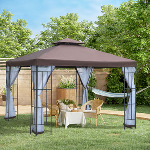 3 x 3(m) Patio Gazebo Canopy Garden Pavilion Tent Shelter with 2 Tier Roof and Mosquito Netting, Steel Frame, Coffee