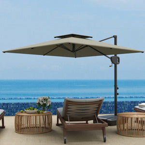 8' x 9' Square Cantilever Patio Umbrella with Fillable Base, Double Top Patio Hanging Offset Umbrella, Outdoor Cantilever Parasol with Crank & Tilt, Light Grey