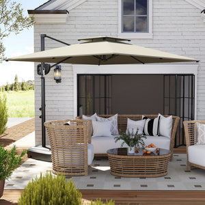 8' x 9' Square Cantilever Patio Umbrella with Fillable Base, Double Top Patio Hanging Offset Umbrella, Outdoor Cantilever Parasol with Crank & Tilt, Light Grey