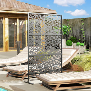 Metal Outdoor Privacy Screen, 78" x 48" Freestanding Outdoor Divider with Stand, Decorative Privacy Panel with Willow Branch Cut-out Design for Garden Backyard, Black