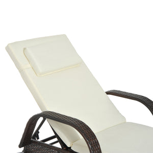 Wicker Chaise Lounge, Outdoor Lounge Chair, PE Rattan Patio Sun lounger with Head-rest, 5-Level Height Adjust Backrest, Cushion & Wheels, Mixed Brown and Cream White