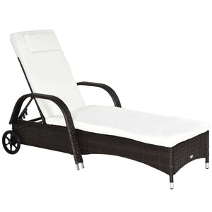 Wicker Chaise Lounge, Outdoor Lounge Chair, PE Rattan Patio Sun lounger with Head-rest, 5-Level Height Adjust Backrest, Cushion & Wheels, Mixed Brown and Cream White