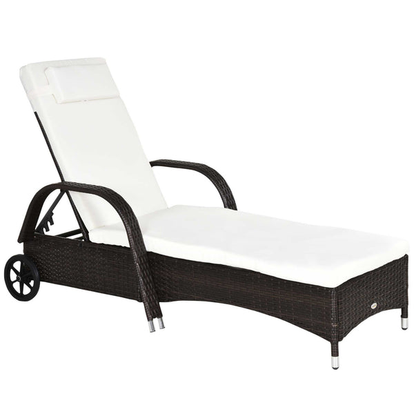 Wicker Chaise Lounge, Outdoor Lounge Chair, PE Rattan Patio Sun lounger with Head-rest, 5-Level Height Adjust Backrest, Cushion & Wheels, Mixed Brown and Cream White