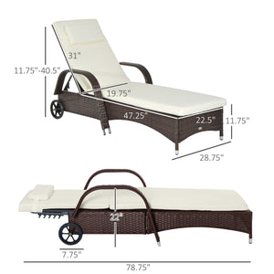 Wicker Chaise Lounge, Outdoor Lounge Chair, PE Rattan Patio Sun lounger with Head-rest, 5-Level Height Adjust Backrest, Cushion & Wheels, Mixed Brown and Cream White