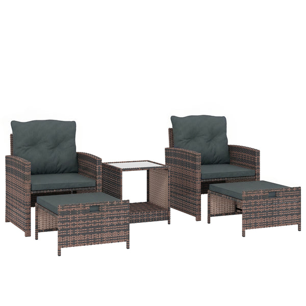 5 Piece Patio Furniture Set, Wicker Patio Chairs with Ottomans, 2-Tier Glass Coffee Table, Cushions, Outdoor Patio Furniture Conversation Set for Balcony, Brown/Dark Grey