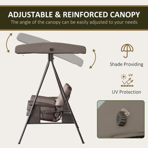 Outsunny 3-Seat Patio Swing Chair, Outdoor Porch Swing Glider with Adjustable Canopy, Removable Cushion, Pillows and Side Trays, for Garden, Poolside, Backyard, Brown