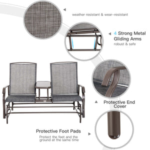 Outdoor Glider Bench with Table, Patio Loveseat for 2 Persons, Garden Glider Rocking Chair with Breathable Mesh Fabric, Grey