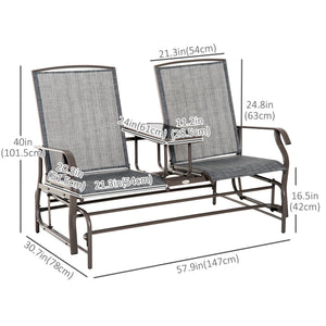 Outdoor Glider Bench with Table, Patio Loveseat for 2 Persons, Garden Glider Rocking Chair with Breathable Mesh Fabric, Grey