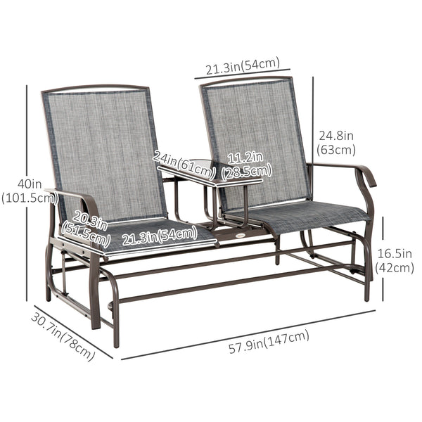 Outdoor Glider Bench with Table, Patio Loveseat for 2 Persons, Garden Glider Rocking Chair with Breathable Mesh Fabric, Grey