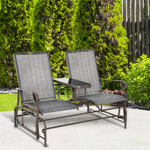 Outdoor Glider Bench with Table, Patio Loveseat for 2 Persons, Garden Glider Rocking Chair with Breathable Mesh Fabric, Grey