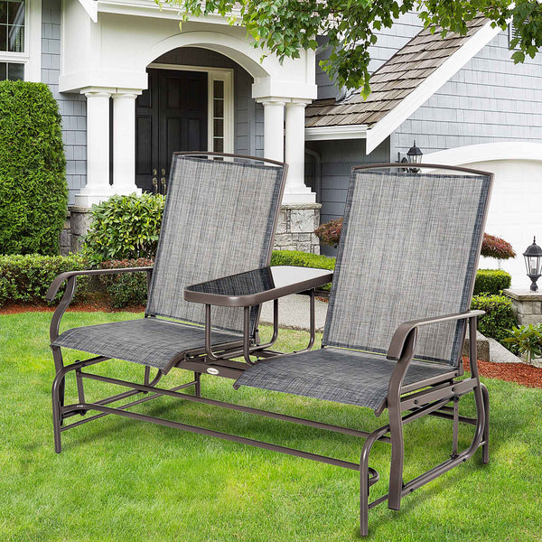 Outdoor Glider Bench with Table, Patio Loveseat for 2 Persons, Garden Glider Rocking Chair with Breathable Mesh Fabric, Grey