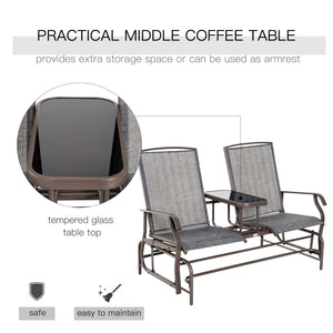 Outdoor Glider Bench with Table, Patio Loveseat for 2 Persons, Garden Glider Rocking Chair with Breathable Mesh Fabric, Grey