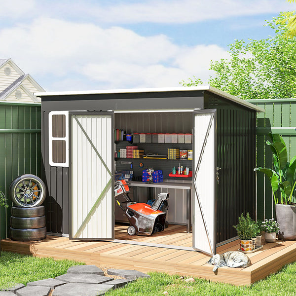8.5' x 6' Outdoor Storage Shed, Galvanised Steel Garden Shed with Window, Lockable Wide Door and Air Vents for Outdoor Patio, Dark Grey