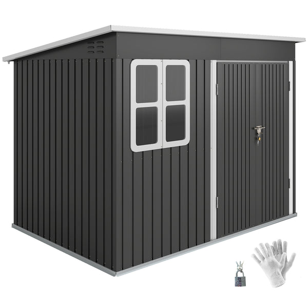8.5' x 6' Outdoor Storage Shed, Galvanised Steel Garden Shed with Window, Lockable Wide Door and Air Vents for Outdoor Patio, Dark Grey