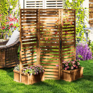 Freestanding Outdoor Privacy Screen, 4 Self-Draining Planters / Raised Garden Beds, 3 Hinged Panels for Hot Tub, Patio, Backyard, Deck, Natural
