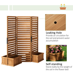 Freestanding Outdoor Privacy Screen, 4 Self-Draining Planters / Raised Garden Beds, 3 Hinged Panels for Hot Tub, Patio, Backyard, Deck, Natural