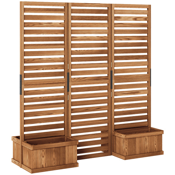 Freestanding Outdoor Privacy Screen, 4 Self-Draining Planters / Raised Garden Beds, 3 Hinged Panels for Hot Tub, Patio, Backyard, Deck, Natural