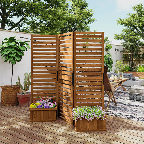 Freestanding Outdoor Privacy Screen, 4 Self-Draining Planters / Raised Garden Beds, 3 Hinged Panels for Hot Tub, Patio, Backyard, Deck, Natural