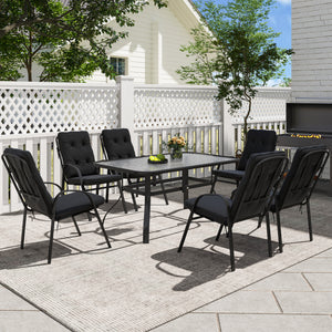7 Pieces Garden Dining Set, Outdoor Rectangular Dining Table and 6 Cushioned Armchairs, Tempered Glass Top Table w/ Umbrella Hole, Texteline Seats, Black