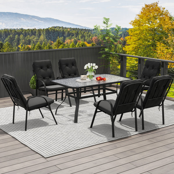 7 Pieces Garden Dining Set, Outdoor Rectangular Dining Table and 6 Cushioned Armchairs, Tempered Glass Top Table w/ Umbrella Hole, Texteline Seats, Black