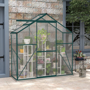6 x 2.5ft Polycarbonate Greenhouse, Walk-In Green House with Sliding Door, 5-Level Roof Vent, Rain Gutter, Garden Plants Grow House with Aluminium Frame and Foundation, Green