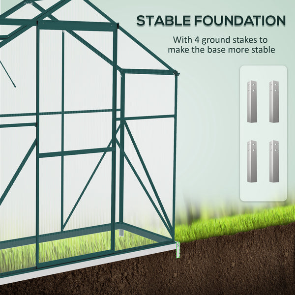 6 x 2.5ft Polycarbonate Greenhouse, Walk-In Green House with Sliding Door, 5-Level Roof Vent, Rain Gutter, Garden Plants Grow House with Aluminium Frame and Foundation, Green