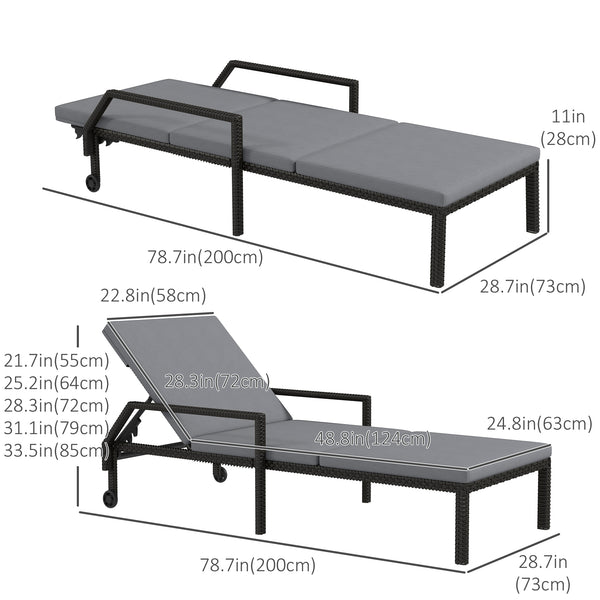 Wicker Chaise Lounger PE Rattan Outdoor Lounge Chair Garden Chair Recliner with 5-Level Adjustable Backrest and 2 Wheels, Light Grey