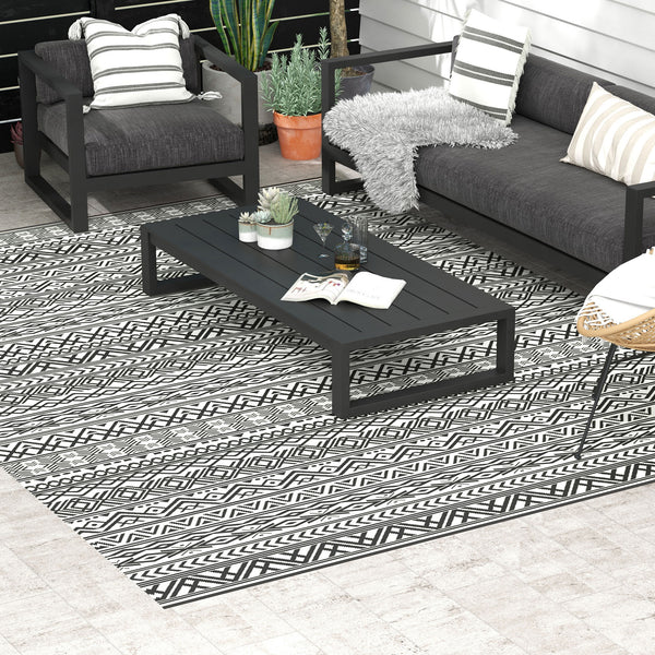 Portable Outdoor Rug with Carry Bag, 9' x 12' Reversible Mat, Waterproof Plastic Straw RV Rug for Backyard, Deck, Picnic, Beach, Camping, Grey and Cream White Boho
