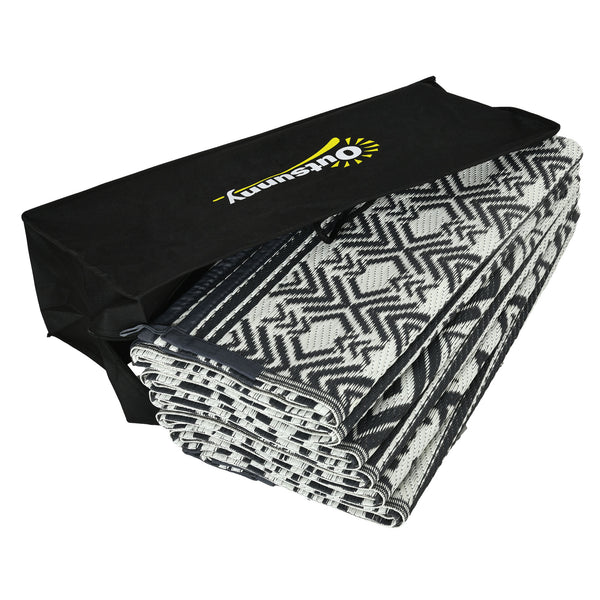 Portable Outdoor Rug with Carry Bag, 9' x 12' Reversible Mat, Waterproof Plastic Straw RV Rug for Backyard, Deck, Picnic, Beach, Camping, Grey and Cream White Boho