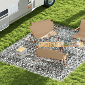 Portable Outdoor Rug with Carry Bag, 9' x 12' Reversible Mat, Waterproof Plastic Straw RV Rug for Backyard, Deck, Picnic, Beach, Camping, Grey and Cream White Boho