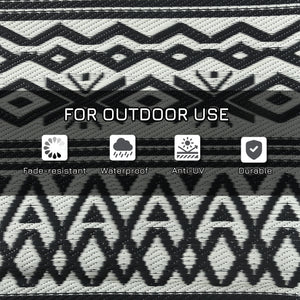 Portable Outdoor Rug with Carry Bag, 9' x 12' Reversible Mat, Waterproof Plastic Straw RV Rug for Backyard, Deck, Picnic, Beach, Camping, Grey and Cream White Boho