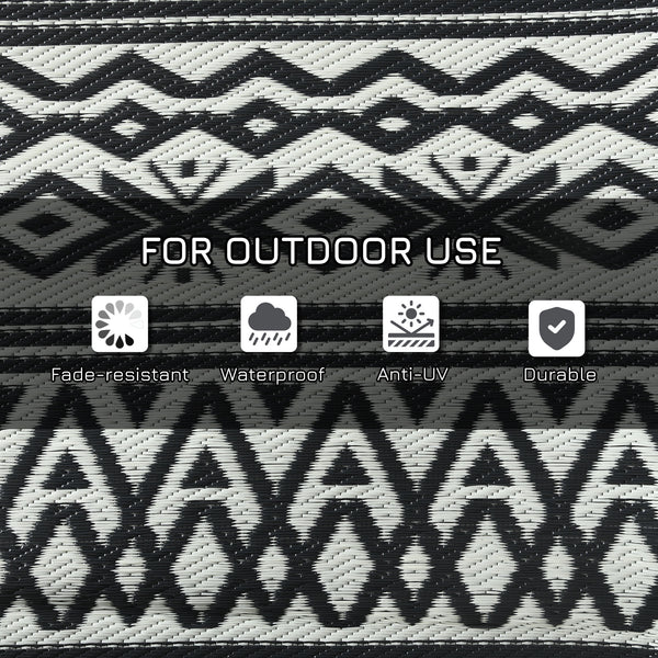 Portable Outdoor Rug with Carry Bag, 9' x 12' Reversible Mat, Waterproof Plastic Straw RV Rug for Backyard, Deck, Picnic, Beach, Camping, Grey and Cream White Boho