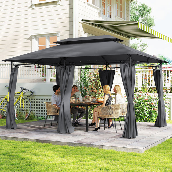  10' x 13' Patio Gazebo, Double Roof Outdoor Gazebo Canopy Shelter with Curtains, Solid Metal Frame for Garden, Lawn, Backyard and Deck, Grey