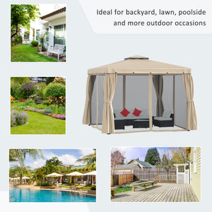 10' x 10' Outdoor Patio Gazebo Double Soft-top Garden Shelter Tent with Beautiful Polyester Curtains, & Mesh Screen Drapes, Khaki
