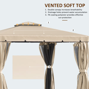 10' x 10' Outdoor Patio Gazebo Double Soft-top Garden Shelter Tent with Beautiful Polyester Curtains, & Mesh Screen Drapes, Khaki