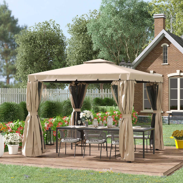 10' x 10' Outdoor Patio Gazebo Double Soft-top Garden Shelter Tent with Beautiful Polyester Curtains, & Mesh Screen Drapes, Khaki