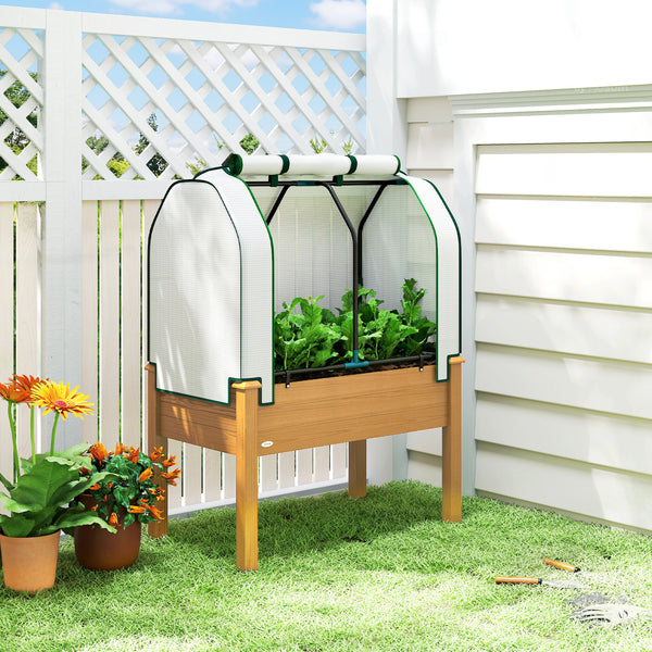Raised Garden Bed with PE Greenhouse Cover Outdoor Elevated Wood Planter Box for Herbs and Vegetables, Use for Patio, Backyard, Balcony, 35 x 22 x 47 inch, Sand