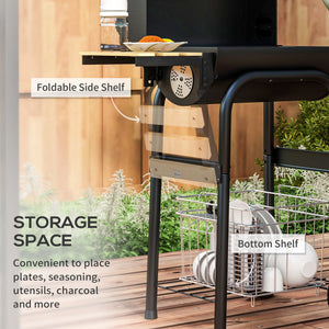 Charcoal Barbecue Grill with Shelves, Portable BBQ Trolley Smoker with Wheels, Lid, Thermometer, Chimney for Outdoor Garden Party Cooking, Black